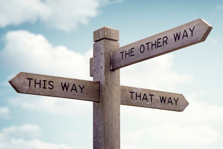 Older style sign that you would see at a crossroad showing multiple direction to choose.