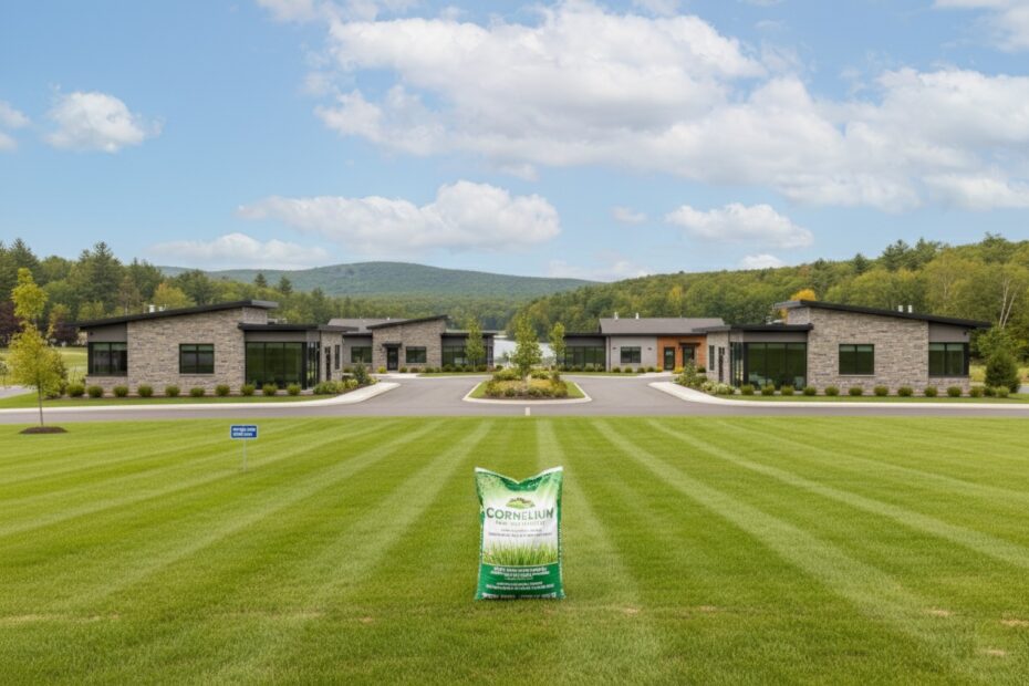 Bag of lawn fertilizer on a striped green lawn in front of a modern office park.