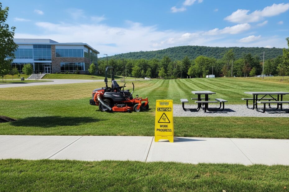 'Caution Work In Progress' sign and commercial lawn mower next to a sidewalk on a green lawn with an office building in the background.